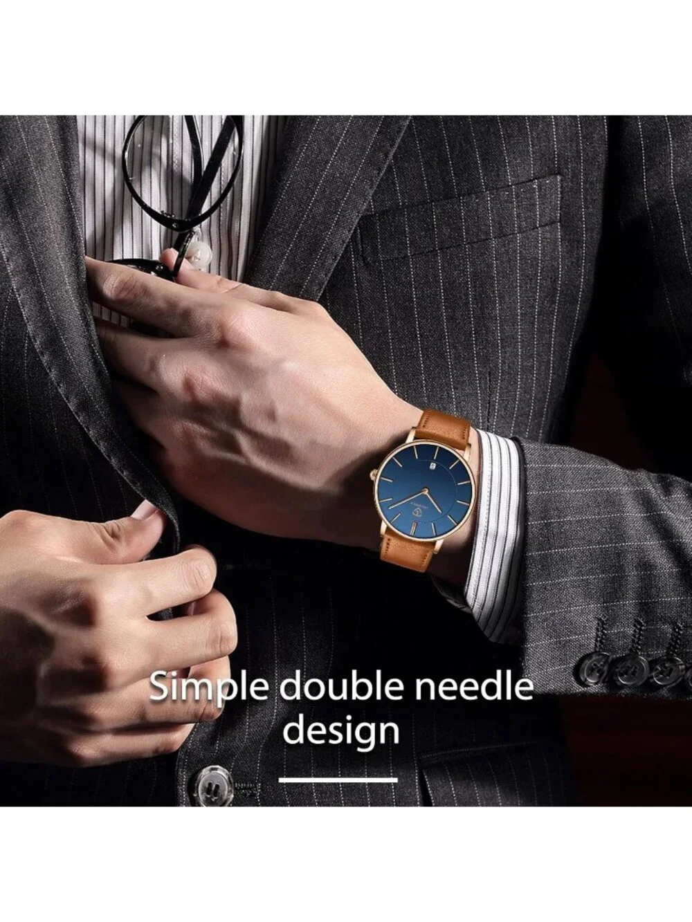 Men's Blue Dial Leather Strap Analog Minimalist Fashion Simple Round Wrist Watch